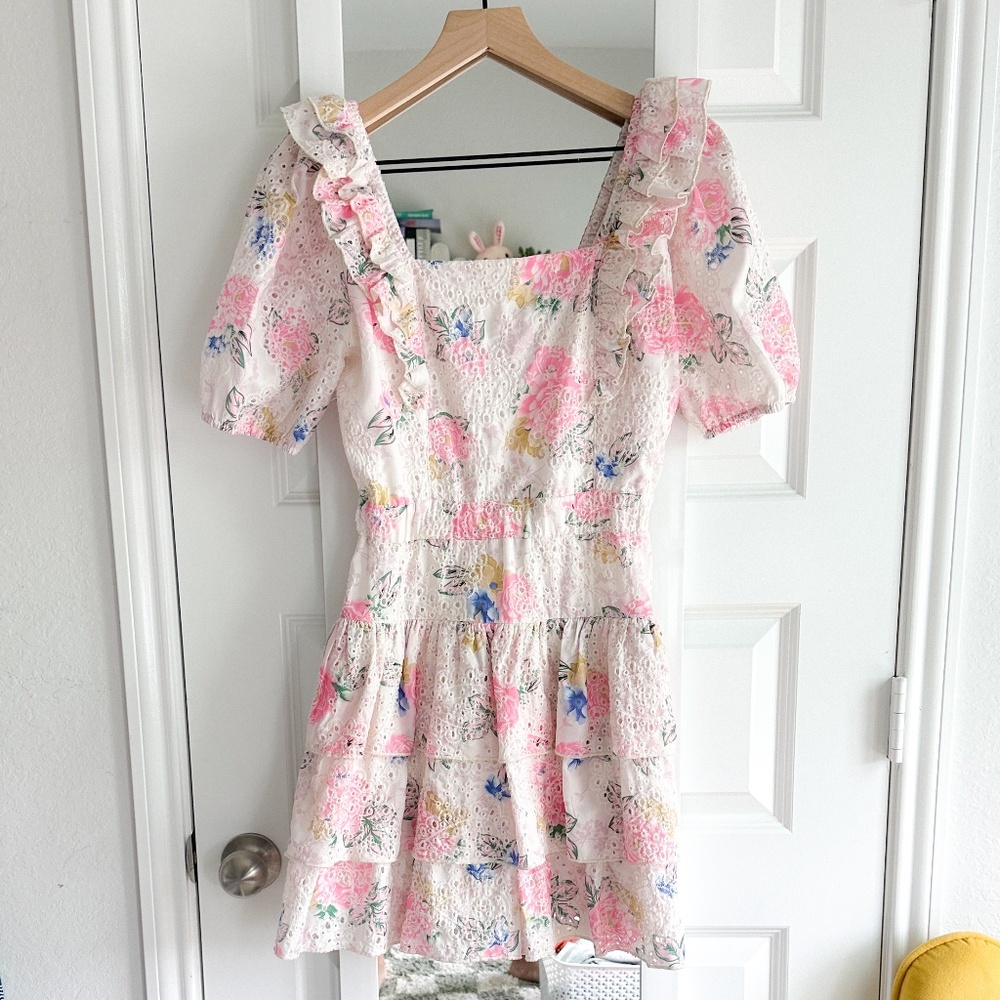 Adelyn Rae Kerry Pink Floral Eyelet Mini Tiered Dress S